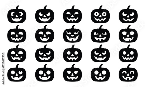 Twenty black halloween pumpkins with various expressions