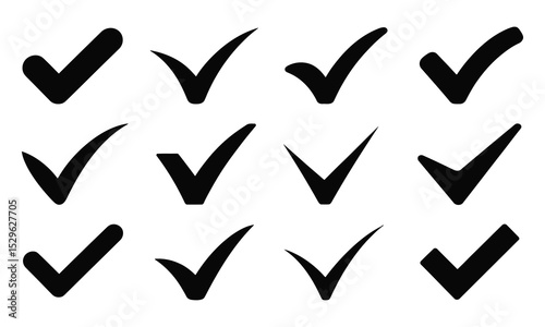 Twelve variations of black check mark icons
