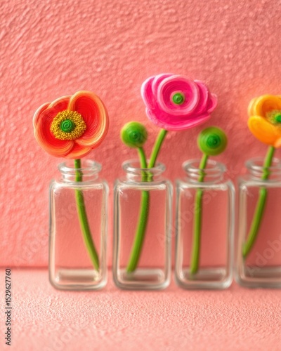 Colorful Miniature Flowers in Small Glass Vases on Pink Background