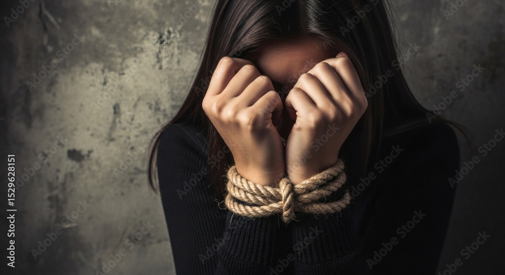 Obraz premium Bound Tears Helpless Woman in Despair Against a Textured Wall.