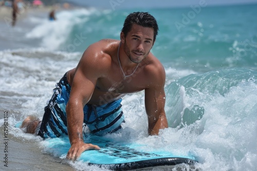 A young man is bodyboarding on the waves of an ocean, trying to balance himself while riding through turquoise water in clear weather