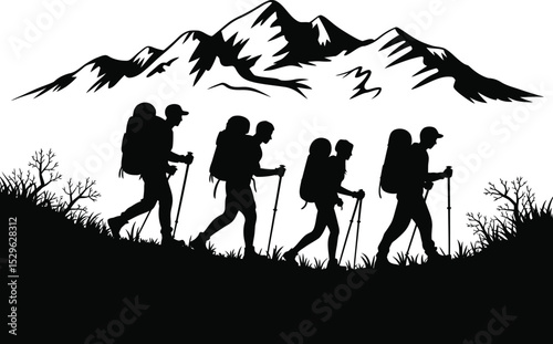 Four hikers walk in a line across rugged terrain under a prominent mountain range