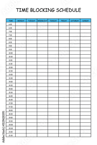 24 Hourly Weekly Schedule - Monday Start. Mockup for daily scheduling and time management. 30-minute increment hourly planner templates. Time Planner.
