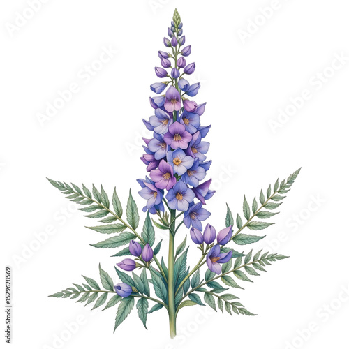 Floral illustration of purple lupine botanical art nature studio detailed view plant aesthetics