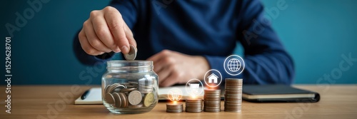 Person saving coins in a jar, with stacks of coins and financial icons.