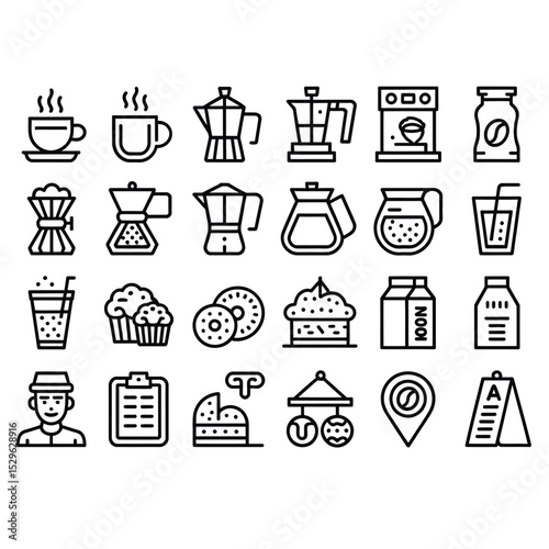 Set of 30 minimalist vector icons representing coffee shop items and themes in a muted color palette