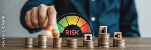 Hand placing coin onto stack, measuring risk and return.