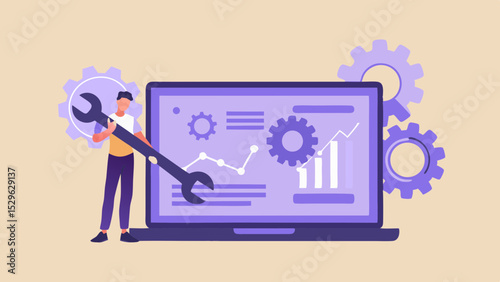 System Optimization and Technical Support Illustration with Man Holding Wrench and Laptop Displaying Data Charts and Gears Maintenance Concept