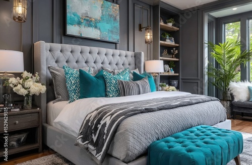 A teal bedroom with grey and white furniture, a black metal frame bed, hanging lamps on the wall, a wooden floor, blue walls, and bookshelves with books and plants