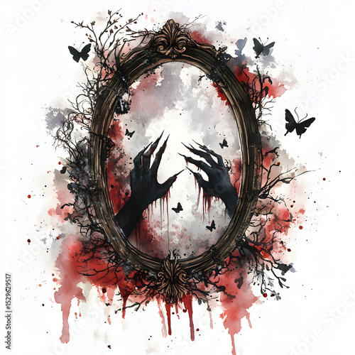 Bloody Hands in Haunted Mirror Gothic Watercolor Illustration