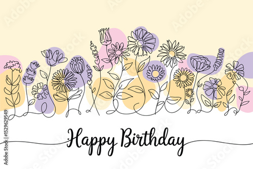 Cheerful Floral Birthday Card Design Line Art Flowers and Happy Birthday Wishes