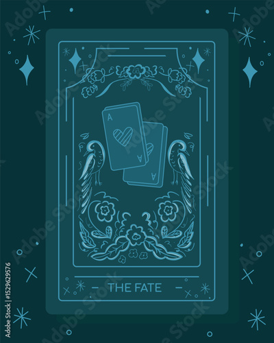 Stylized tarot card design in shades of teal featuring two ace cards, bird and floral details, and the title "The Fate," creating a fortune-telling and mystical theme.