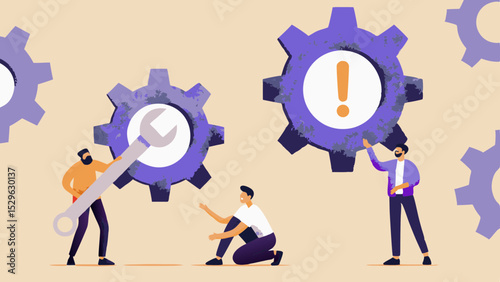 Teamwork and Problem Solving People Working Together to Fix Issues Represented by Gears and an Exclamation Point Symbolizing Problems