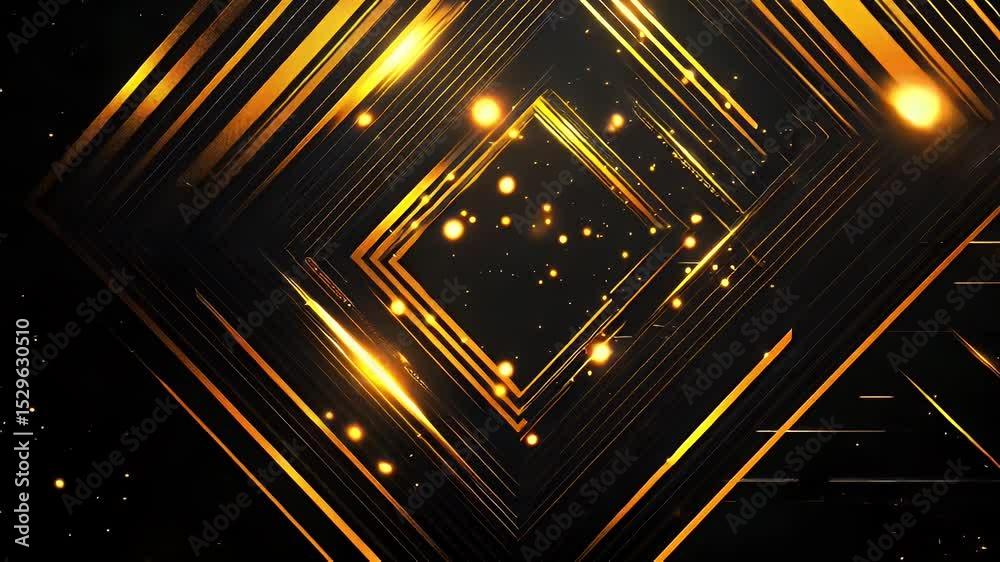 Abstract Golden lines and sparkles creating dimensional square on black background
