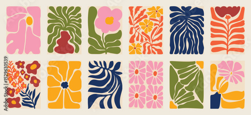 Botanical doodle background art vector set. Flower and leaves autumn doodle art design for t-shirt, print, wallpaper, clipart, wall art for home decoration.