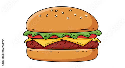 Cartoon Burger with Sesame Seeds, Cheese, Tomato, and Lettuce.