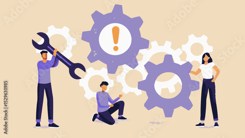 Teamwork and problem solving concept people working together to fix a problem with gears and wrench vector illustration