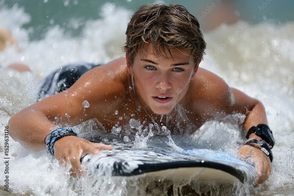 Fototapeta premium A man is bodyboarding on the beach. He is riding waves in turquoise water. He has dark hair and is wearing blue board shorts with black stripes