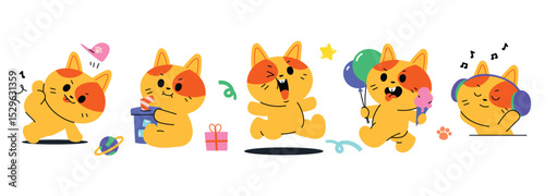 Set of cute cat sticker vector. Lovely cat doodle pattern in different poses and breeds. Adorable funny pet and many characters hand drawn collection for T-shirt, sticker, print, pet shop.