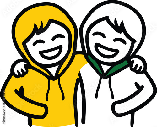Two happy friends in hoodies embracing each other, showing unity and friendship