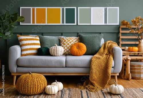 Color palette for a living room with green, mustard, and pumpkin colors.