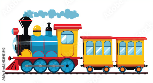 Cartoon Steam Train Illustration With Yellow Wagons On Railway Track