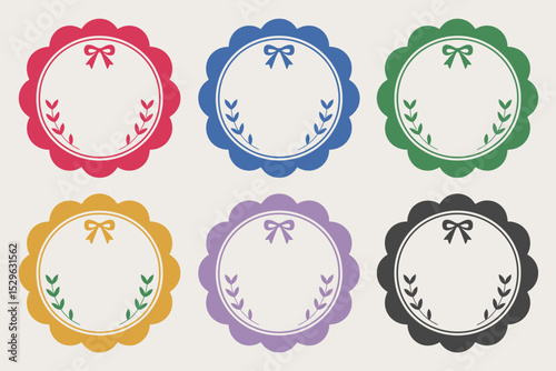 Ribbon delight sticker set. Bow-tied colorful scalloped edge circles ideal for celebration or gift wrapping  