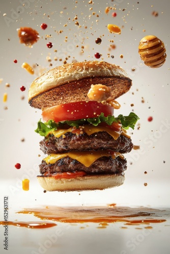Dynamic Floating Double Cheeseburger with Spices
