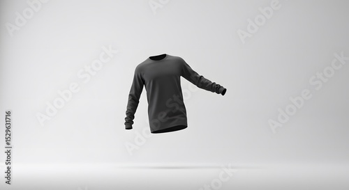 Floating Black Long Sleeve Shirt Mockup on White Background for Fashion Design Presentation