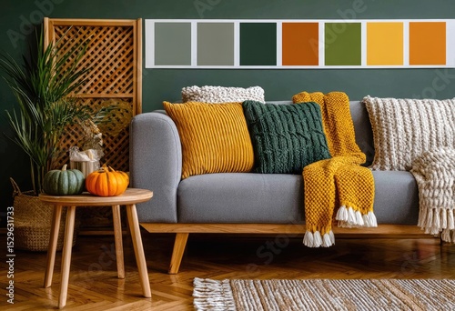 A living room with dark green walls, a light brown sofa, and a yellow blanket on it, a small wooden table near the couch with pumpkin decorations, a white floor, and soft lighting