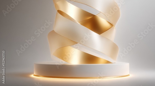 Abstract pedestal with swirling gold and cream ribbons.