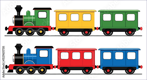 Colorful Cartoon Toy Trains With Carriages On White Background