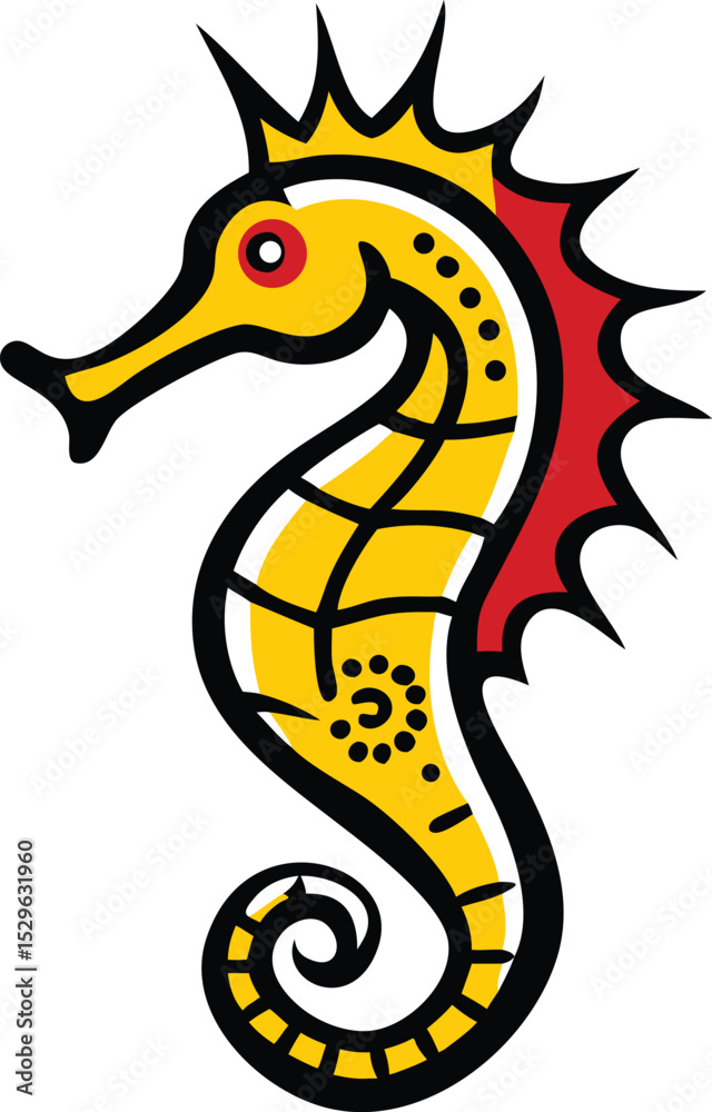 Obraz premium A stylized illustration of a seahorse with a vibrant yellow body and red accents