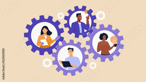 Teamwork and Collaboration Concept with Diverse Professionals Working Together in Interlocking Gears Representing Synergy and Innovation in Business