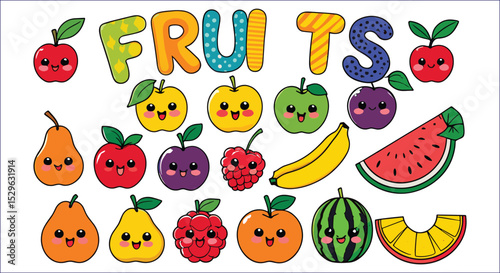 Colorful Cute Cartoon Fruits Vector Illustration Isolated On White Background