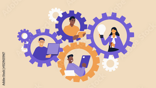 Teamwork and Innovation Diverse Professionals Collaborating in a Cogwheel System Representing Synergy and Problem Solving for Business Success and Growth