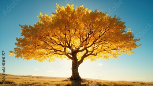 Golden autumn tree with bright sun shining through its leaves against a clear blue sky over a golden field. Concept of peaceful autumn landscape