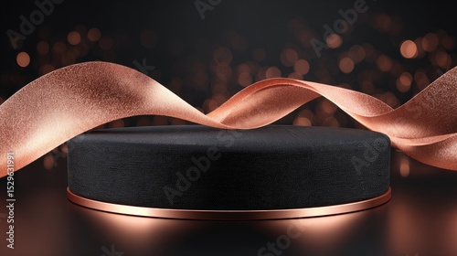 Rose gold ribbon draped over a dark pedestal.
