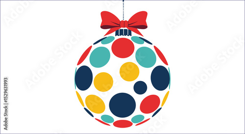 Colorful Polka Dot Christmas Ornament With Red Bow On White Backdrop