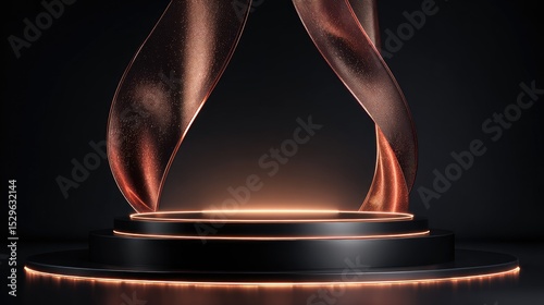 Abstract design of a dark pedestal with copper-colored ribbons.