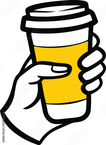A hand holding a yellow-banded coffee cup, a simple yet effective illustration.