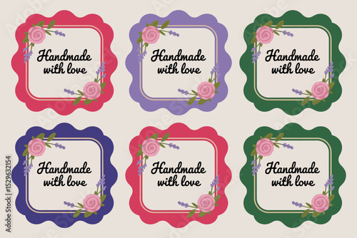 Craft label tag set. Handmade with love message icons with stitched floral edges for custom gift packaging  