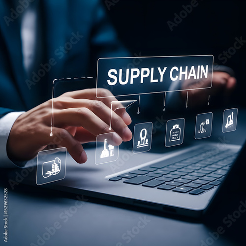 businessman pressing virtual button, Light-Skinned Hand Engaging With Laptop Amid Holographic Icons