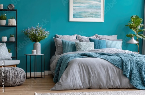 a teal wall in an elegant bedroom with gray and blue accents, featuring metal frame shelves for decorative items