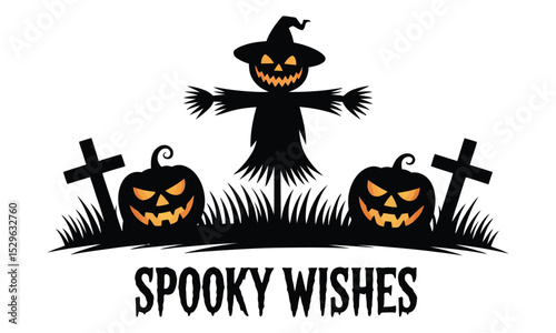 Spooky scarecrow halloween design with pumpkins and crosses