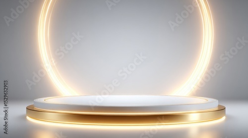 Elegant white and gold pedestal with glowing light circles.