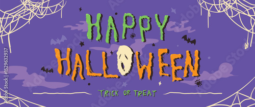 Happy halloween text design vector. Purple background with orange and green text, cobweb, spider, bat, ghost. Halloween festival illustration for decoration, prints, banner, stickers. 