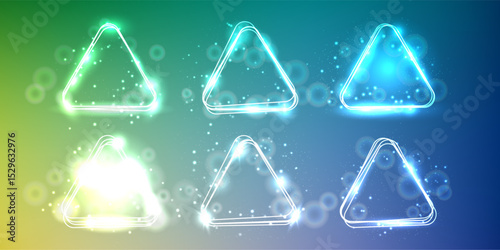 Neon rounded triangle frame with shining effects and sparkles