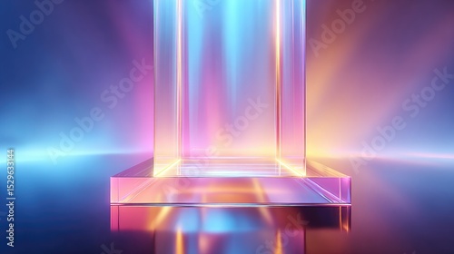Geometric glass display podium with vibrant neon lighting.