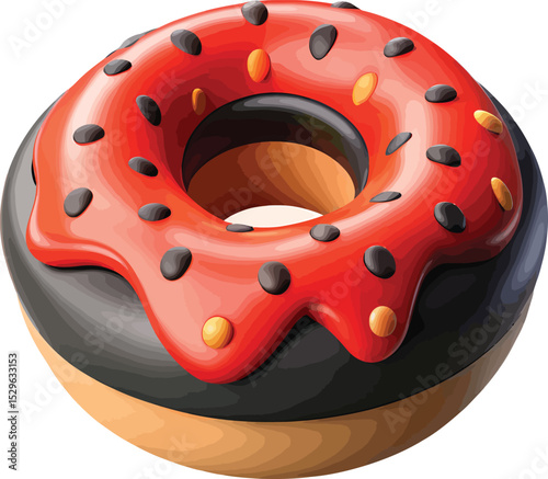 A 3D rendering of a donut with red icing and black and orange sprinkles